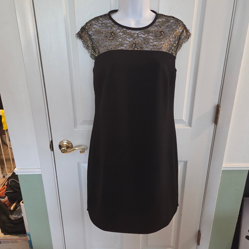 Ted Baker London NWOT Lorenne Black Gold Metallic Lace Yoke Shift Dress 2 Formal